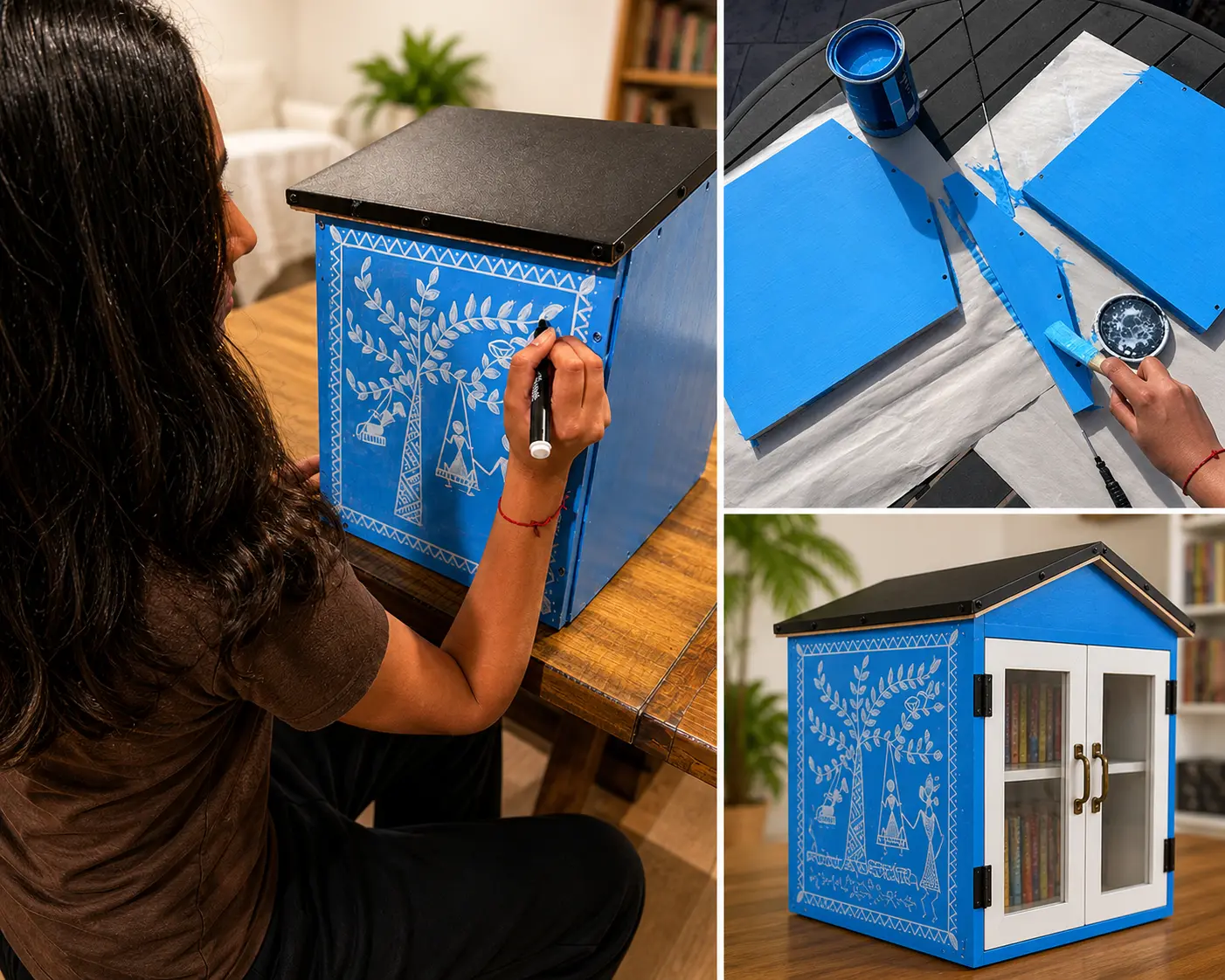 Hand-painting a blue Warli-style book box, from bare panels to finished library