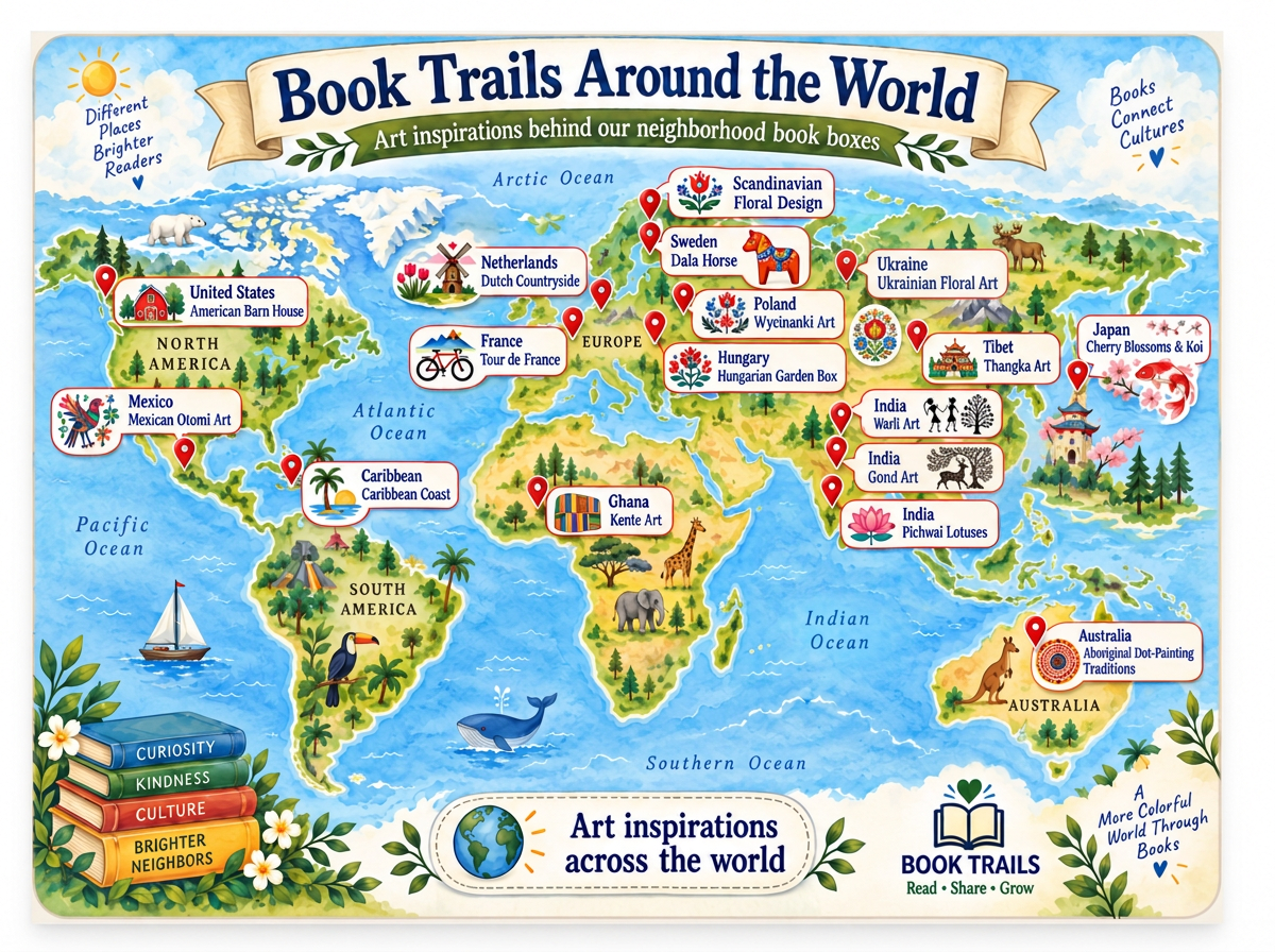 Book Trails Around the World — the art traditions inspiring our boxes, including Ukrainian Floral Art and Gond Art from India